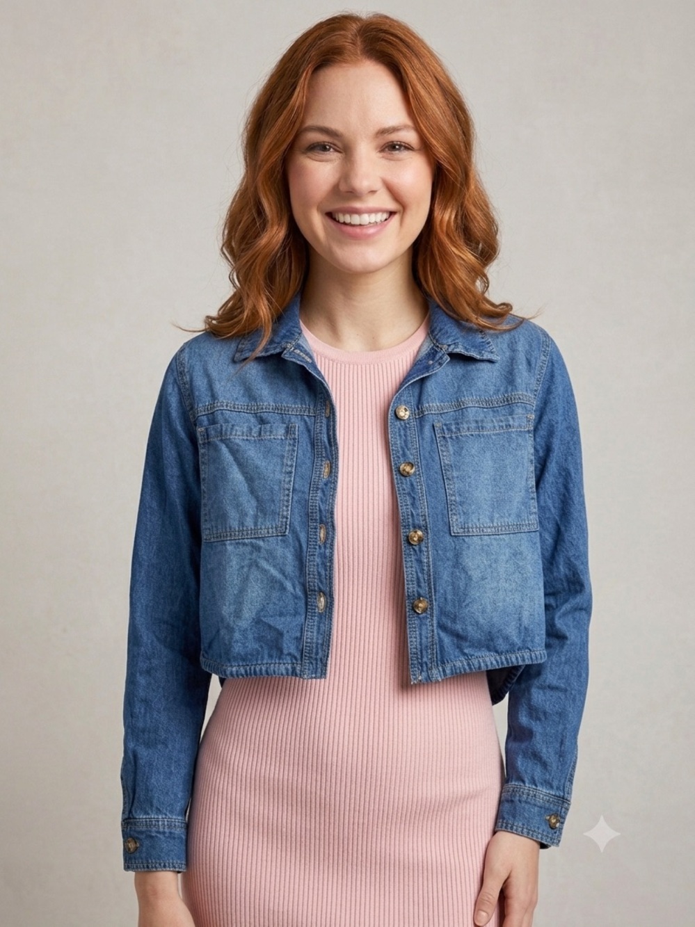 Celebrity Pink Cropped Blue Denim Jacket. Size Small
